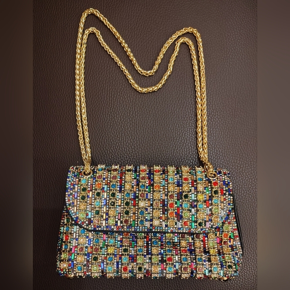 SHINY Gold Sparking Colorful Crystal 'Gemstones' Rhinestone Evening Bag NWOT - Picture 2 of 8